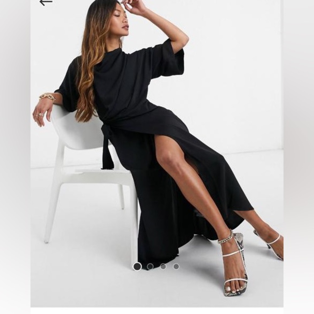 Asos cowl neck midi dress with wrap skirt in black